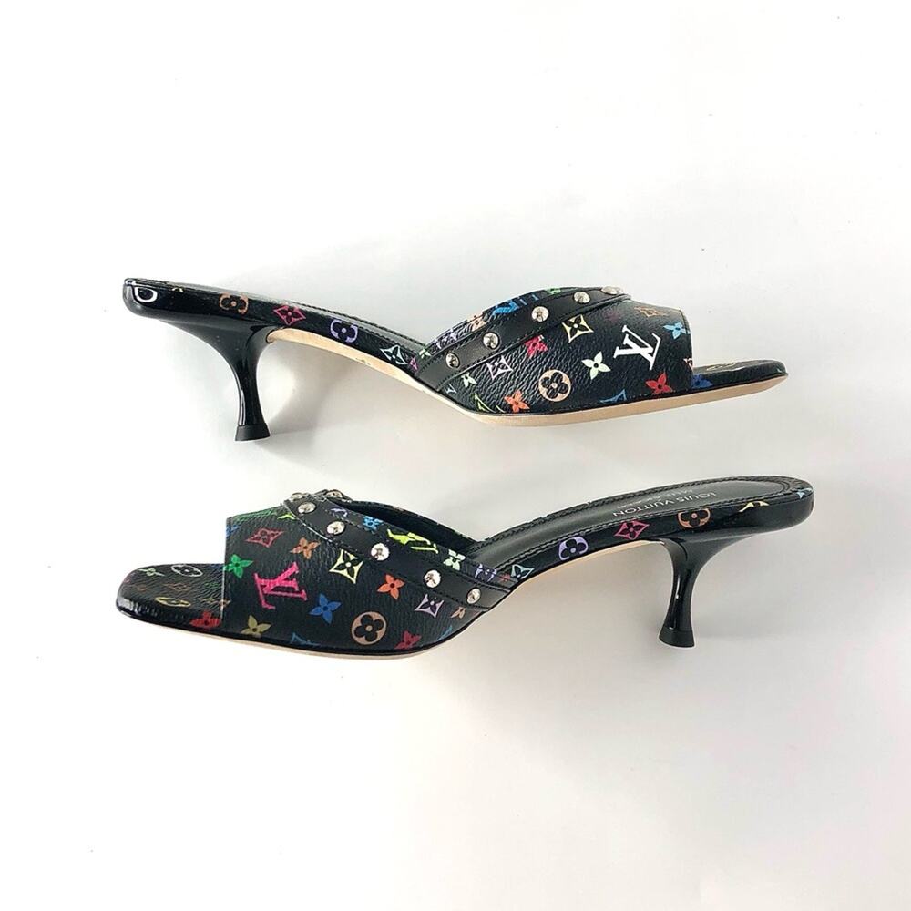 Louis Vuitton x Murakami Logo Multicolored Slip On Kitten Heel Mules Sandals 37 - Picture 4 of 8
